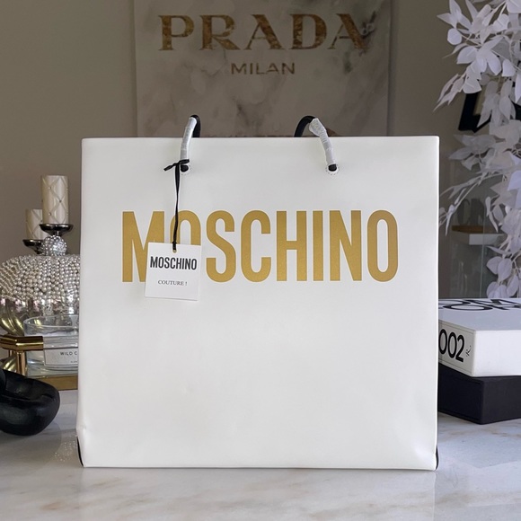 Moschino White Leather Shopper Tote with Laminated Logo in Gold - Picture 1 of 17